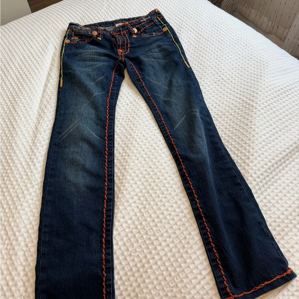 True Religion Dark Blue Yellow & Orange Embroidered Jeans - Picture 4 of 7